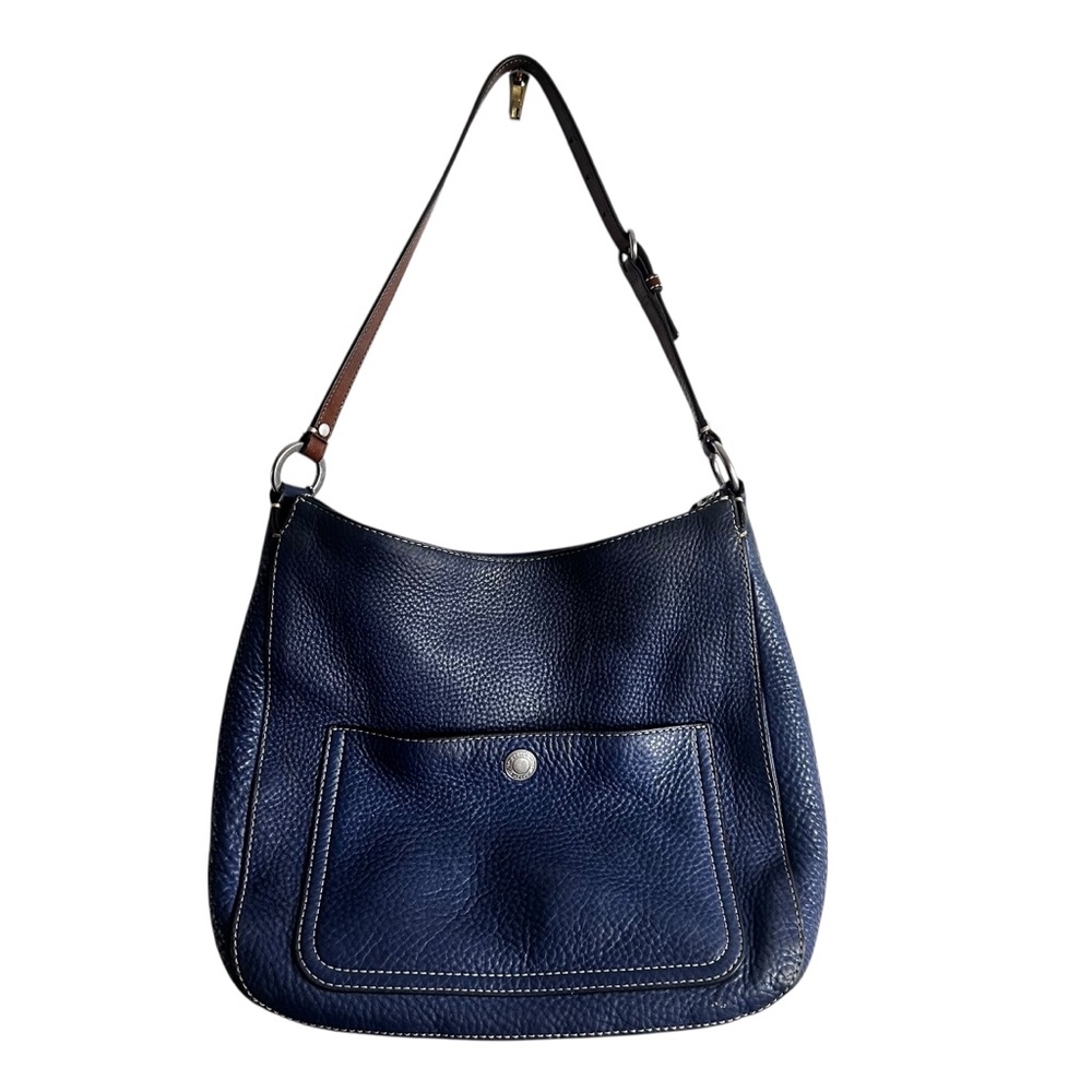 Coach Pebbled Leather Shoulder Bag Hobo Blue Brown Trim
